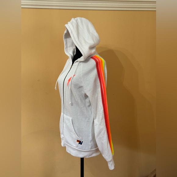 AVIATOR NATION WHITE ZIP UP NEON BOLT NEON STRIPES HOODIE - Picture 7 of 16